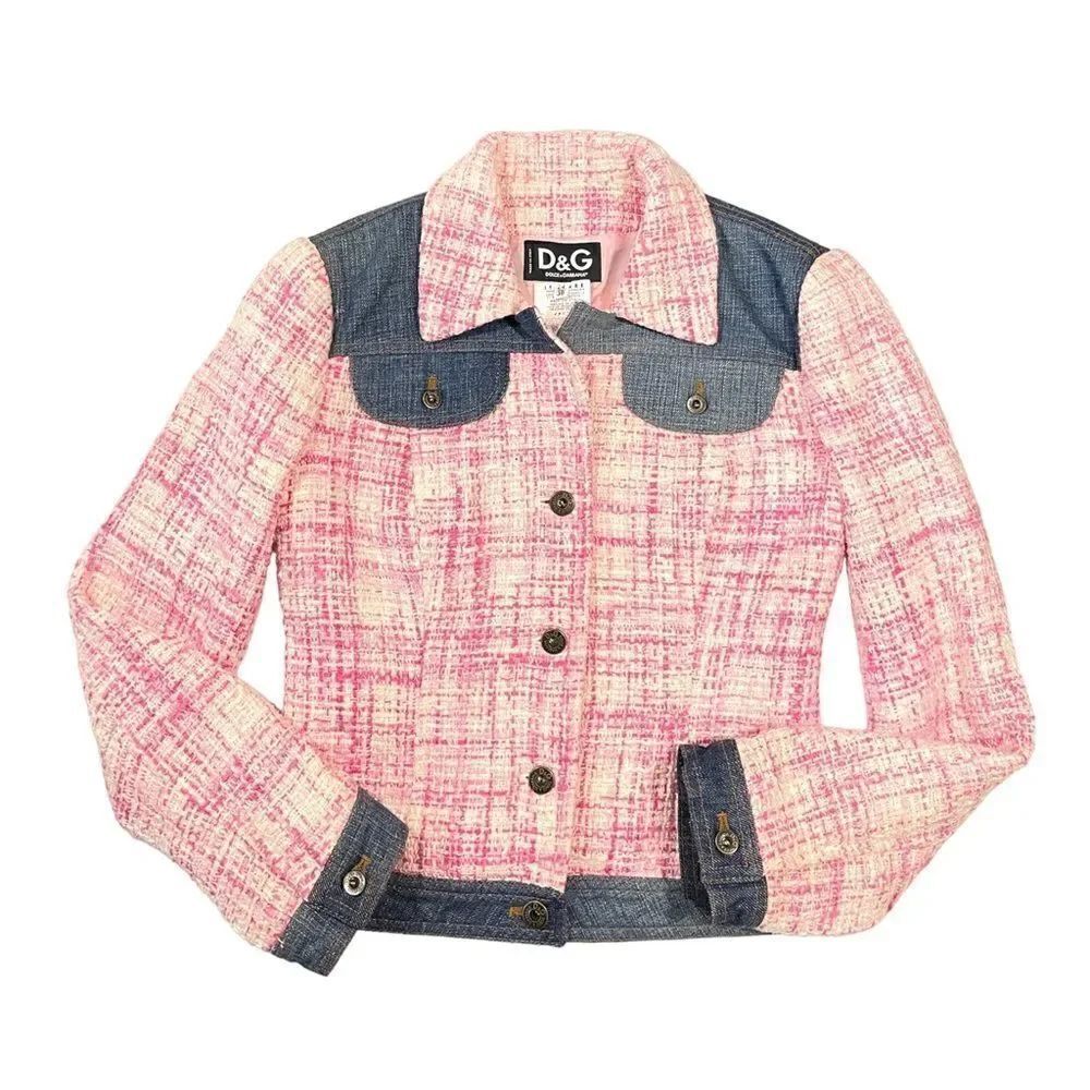 DOLCE & GABBANA Pink Tweed & Denim Fitted Jacket | Size: 38 | Made in Italy